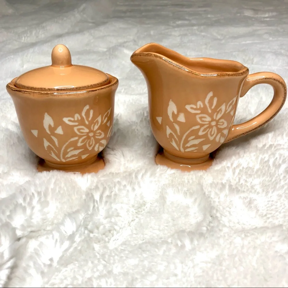 Vintage Cottagecore Bella Casa by Ganz, Creamer & Sugar Set, Peach White Flowers